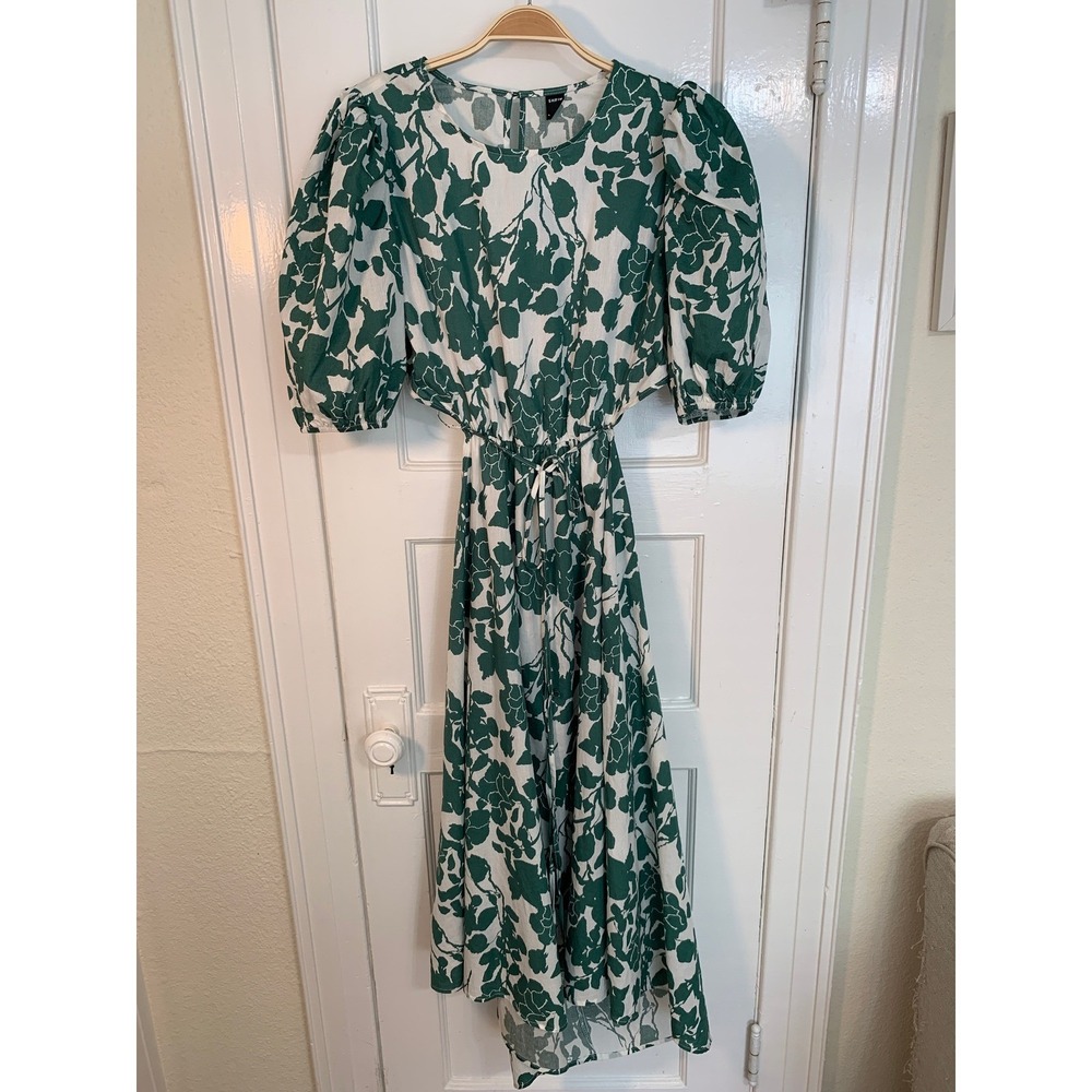 Green White Floral Garden Midi Wrap Dress Puff Sleeves Shea McGee Inspired SZ XL - Picture 15 of 16